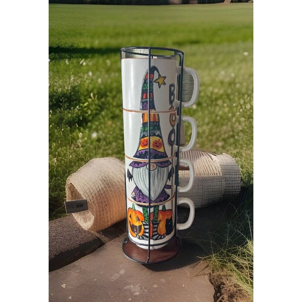Cobwebs & Cauldrons stackable mugs HALlOWEEN Gnome Set of 4 Coffee tea coca cups